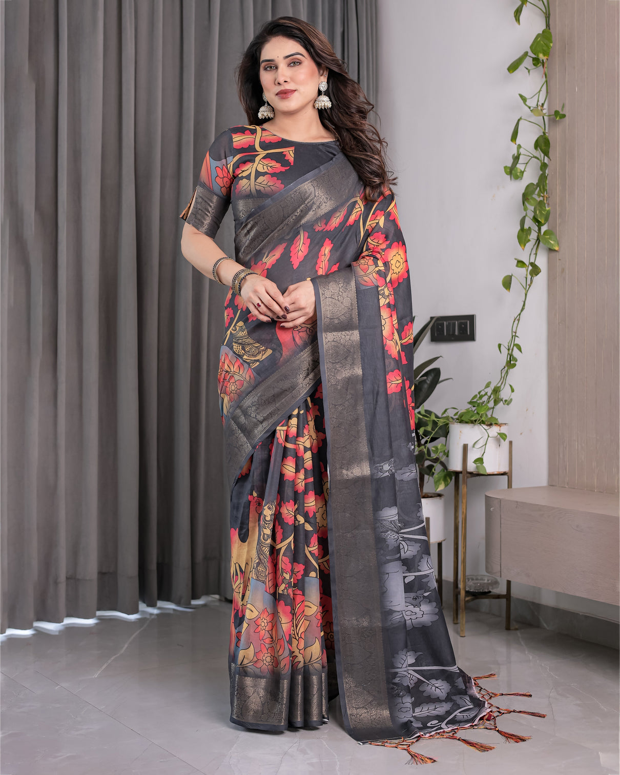 Black organza feel saree with red grey floral digital prints and zari border festive lightweight drape 5 5m saree 0 8m blouse piece