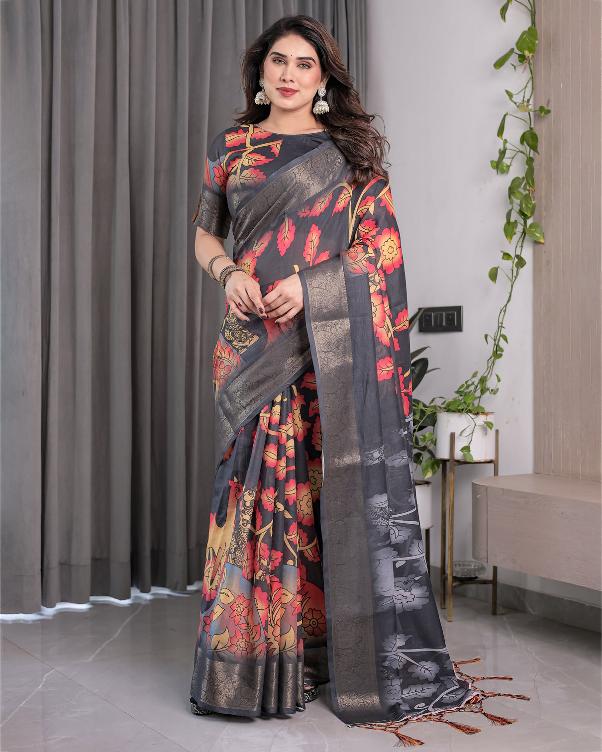 Black organza feel saree with red grey floral digital prints and zari border festive lightweight drape 5 5m saree 0 8m blouse piece