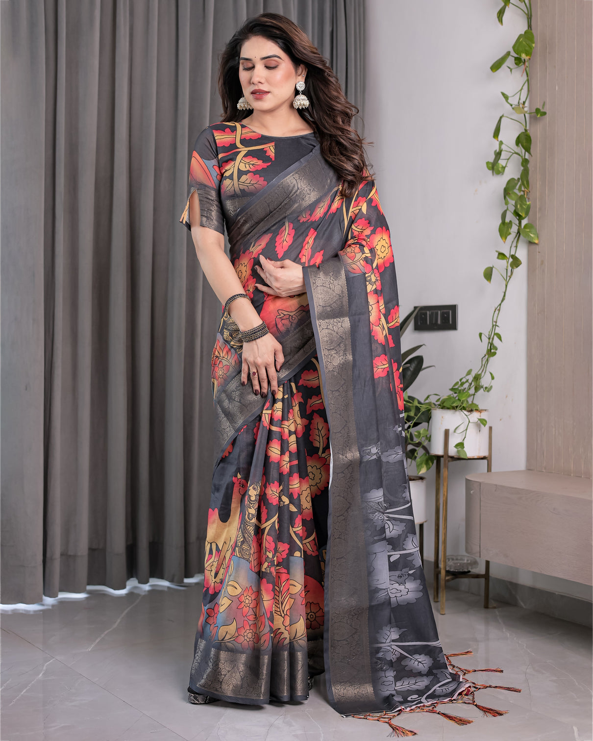 Black organza feel saree with red grey floral digital prints and zari border festive lightweight drape 5 5m saree 0 8m blouse piece