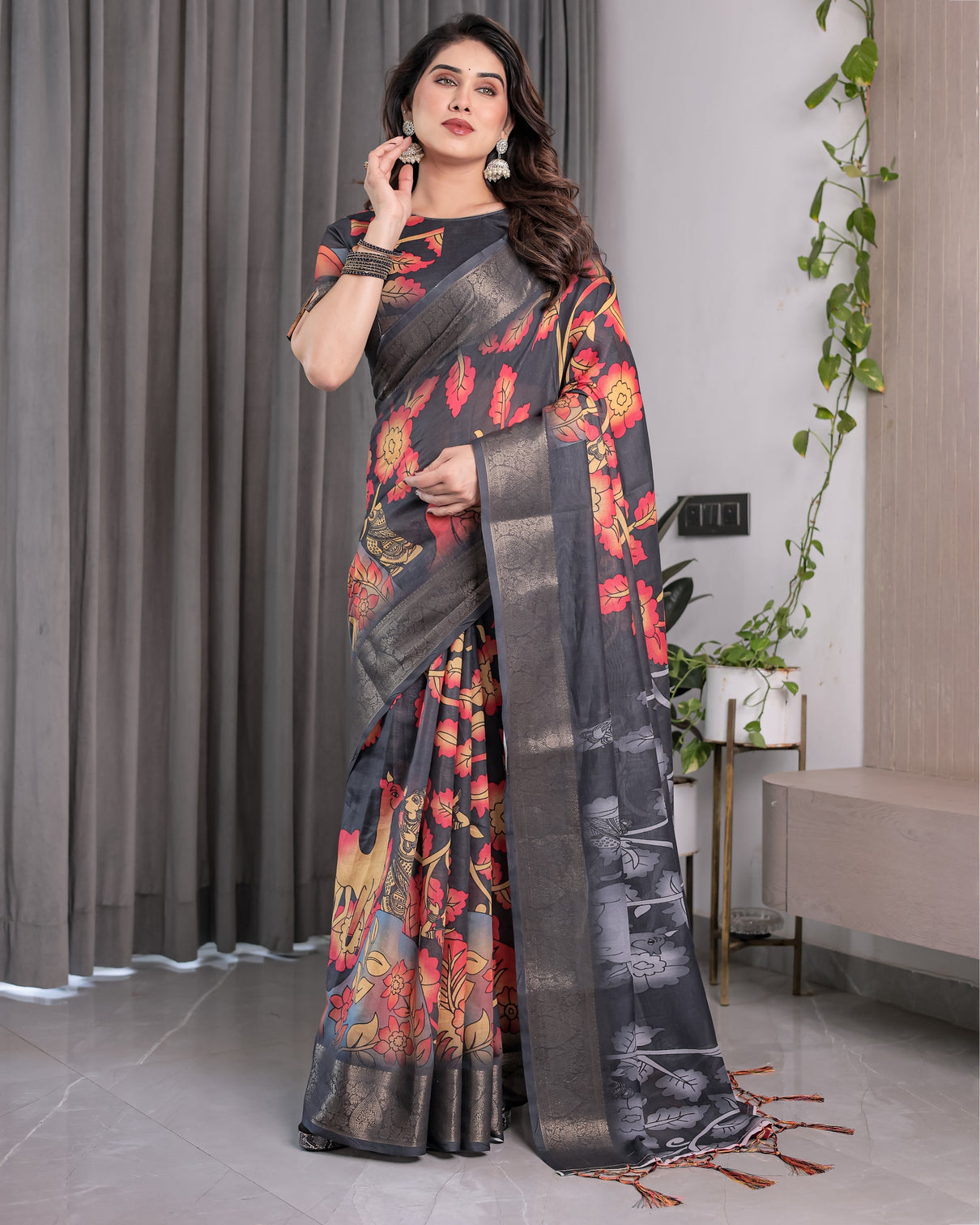 Black organza feel saree with red grey floral digital prints and zari border festive lightweight drape 5 5m saree 0 8m blouse piece