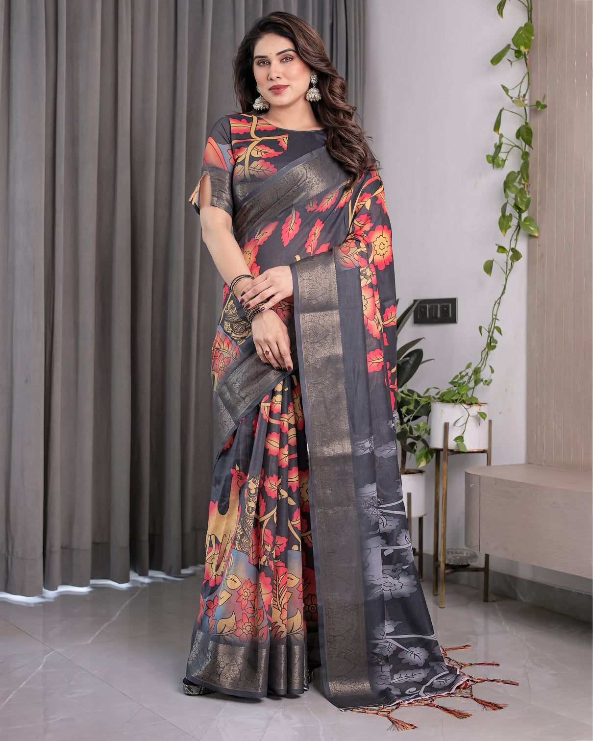 Black organza feel saree with red grey floral digital prints and zari border festive lightweight drape 5 5m saree 0 8m blouse piece
