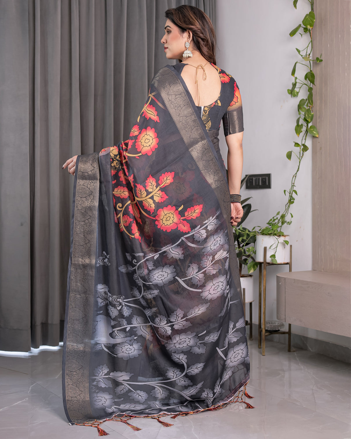 Black organza feel saree with red grey floral digital prints and zari border festive lightweight drape 5 5m saree 0 8m blouse piece