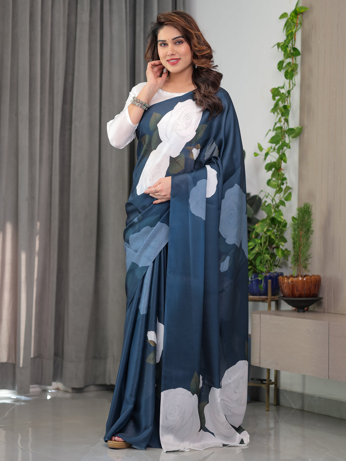 Midnight blue satin georgette white rose printed saree with attached blouse elegant designer saree for festive evening wear
