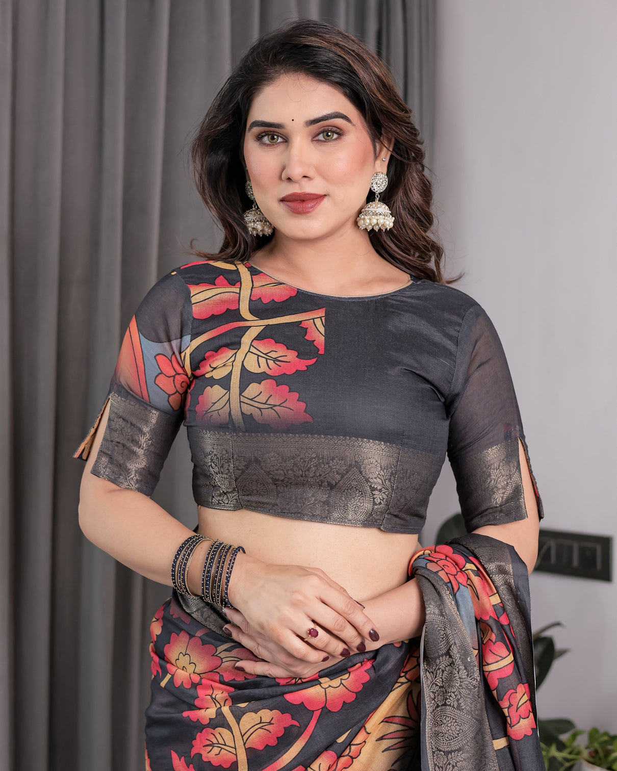 Black organza feel saree with red grey floral digital prints and zari border festive lightweight drape 5 5m saree 0 8m blouse piece