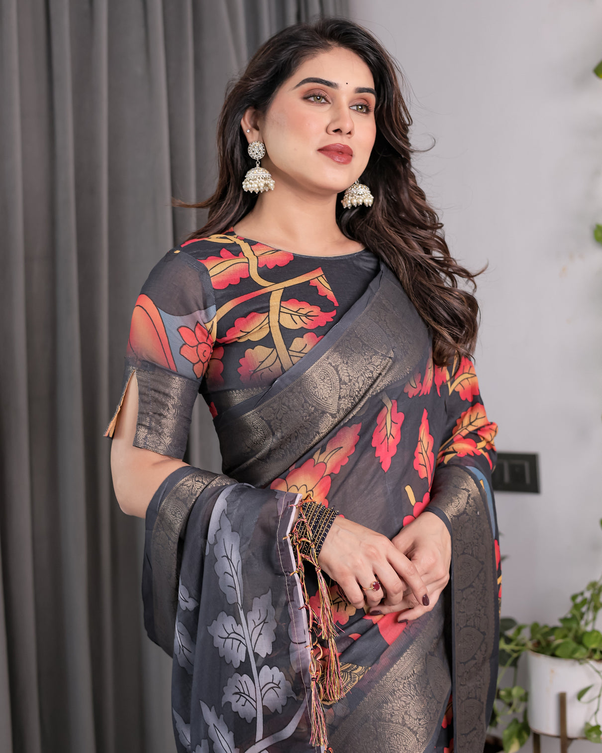 Black organza feel saree with red grey floral digital prints and zari border festive lightweight drape 5 5m saree 0 8m blouse piece