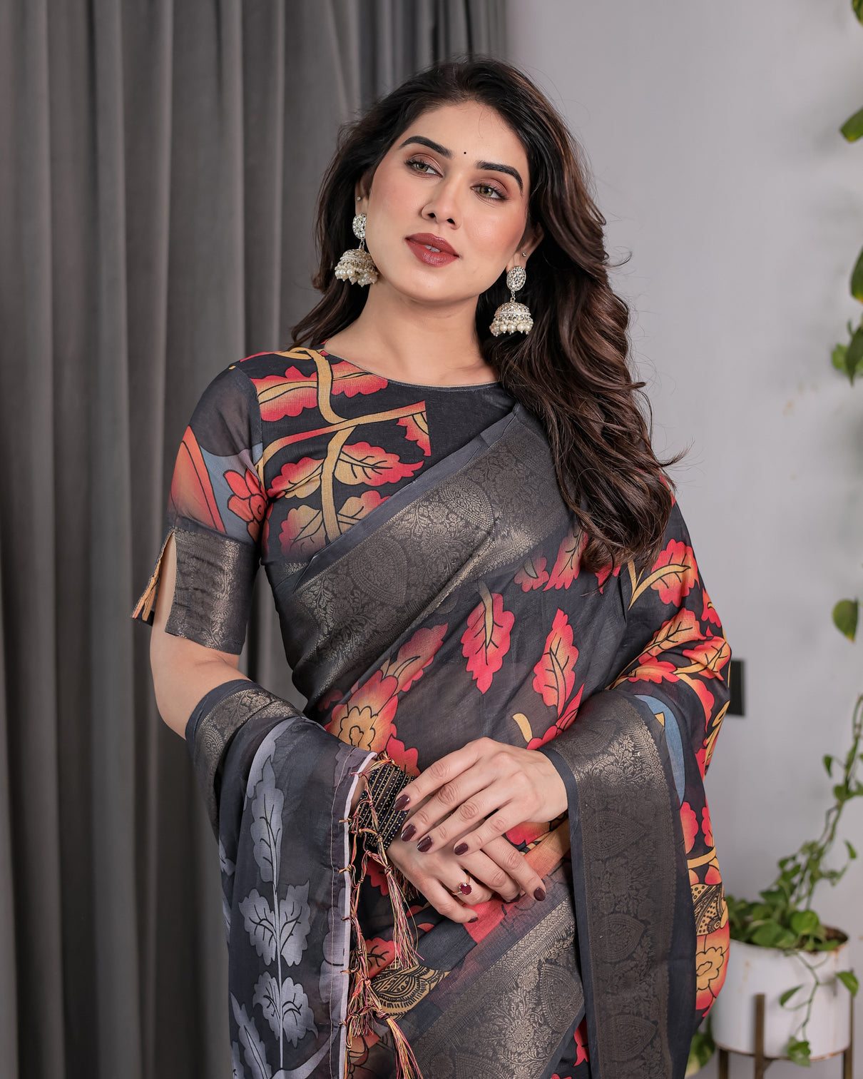 Black organza feel saree with red grey floral digital prints and zari border festive lightweight drape 5 5m saree 0 8m blouse piece