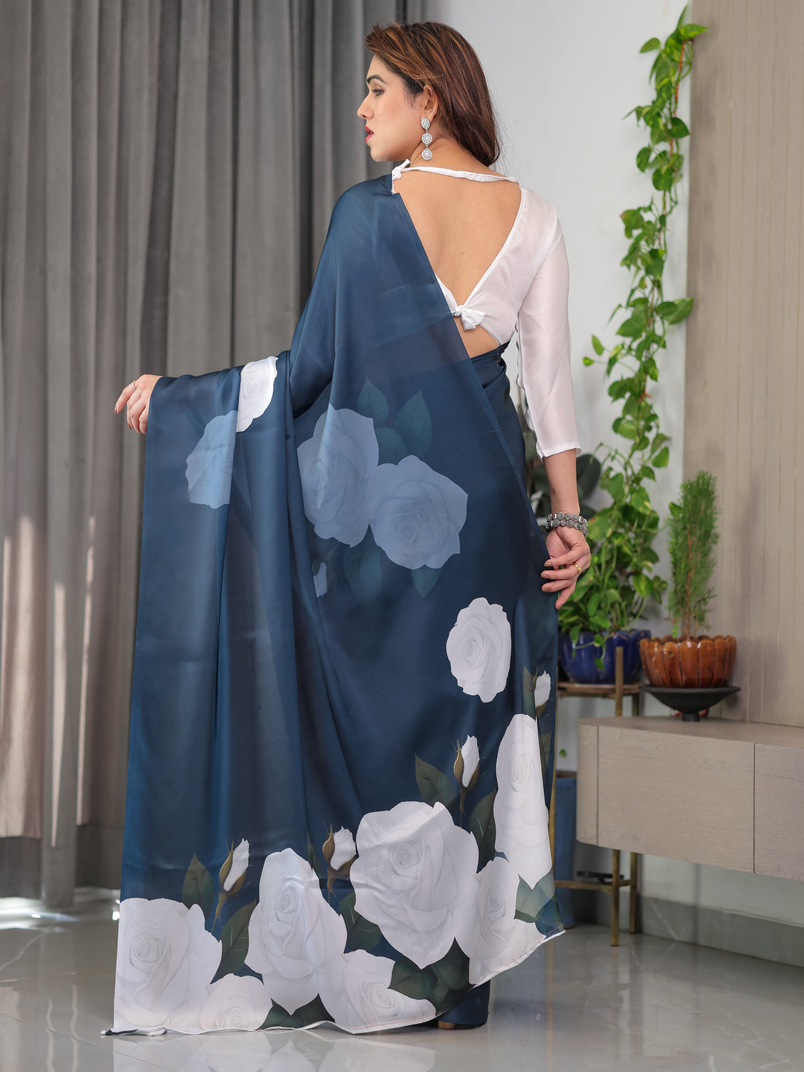 Midnight blue satin georgette white rose printed saree with attached blouse elegant designer saree for festive evening wear