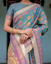 Aqua blue handloom cotton saree with multicolor floral print royal simha pakshi pallu