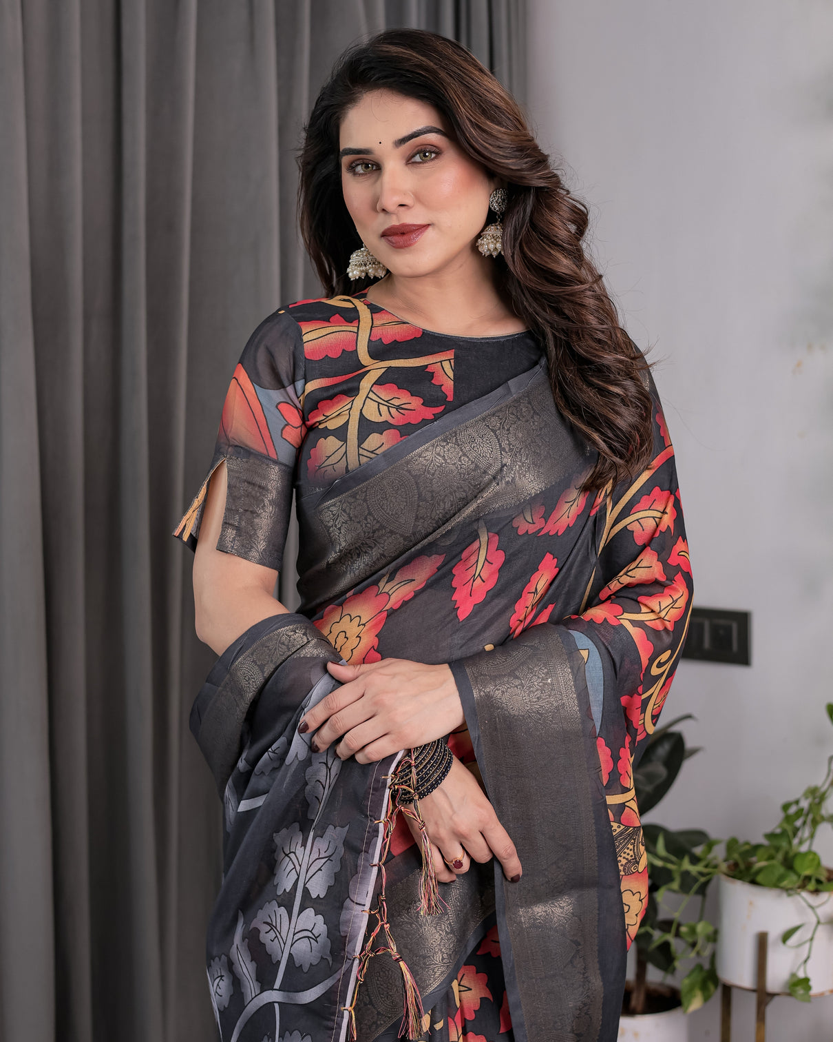Black organza feel saree with red grey floral digital prints and zari border festive lightweight drape 5 5m saree 0 8m blouse piece