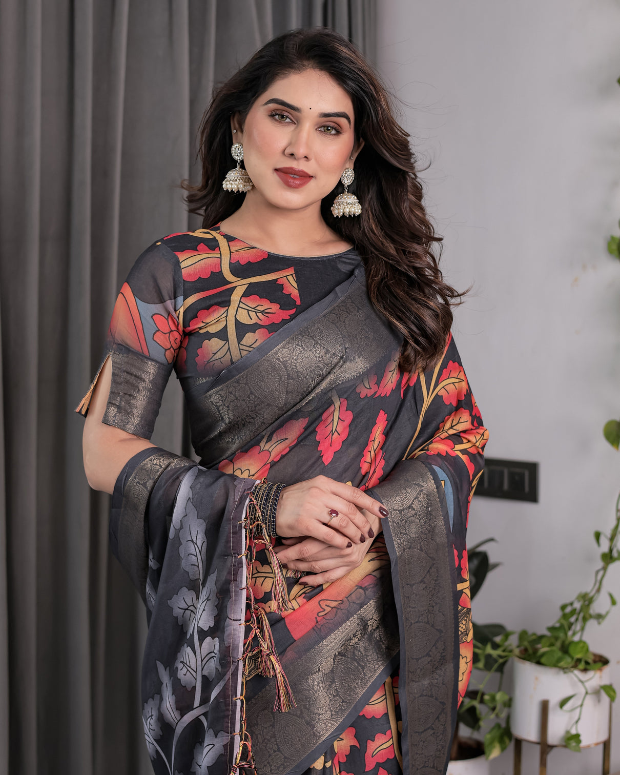 Black organza feel saree with red grey floral digital prints and zari border festive lightweight drape 5 5m saree 0 8m blouse piece
