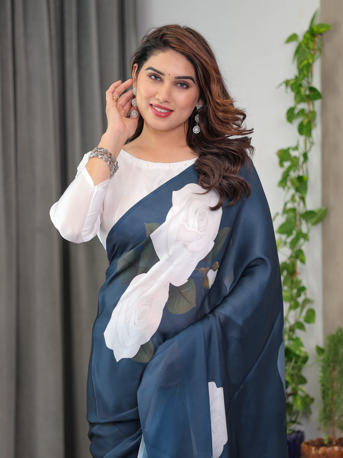 Midnight blue satin georgette white rose printed saree with attached blouse elegant designer saree for festive evening wear