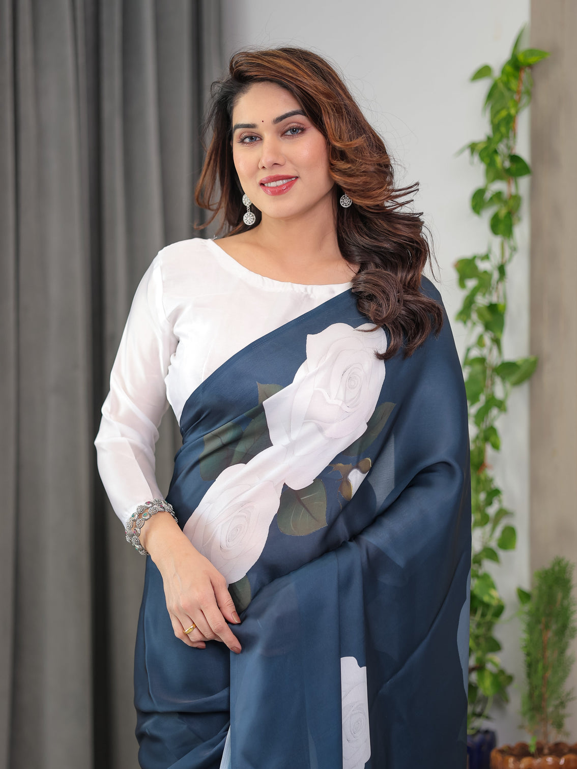 Midnight blue satin georgette white rose printed saree with attached blouse elegant designer saree for festive evening wear