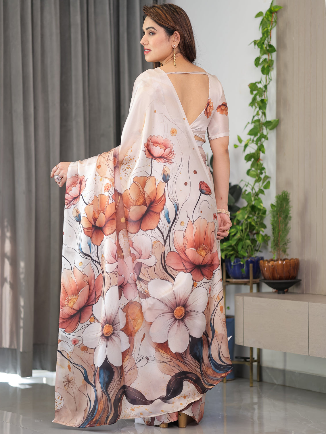 Ivory beige satin georgette abstract floral printed saree with attached blouse elegant designer saree for festive sophisticated wear