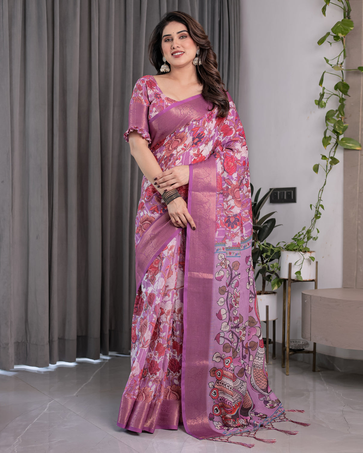 Lavender pink handloom linen saree with kalamkari peacock pallu