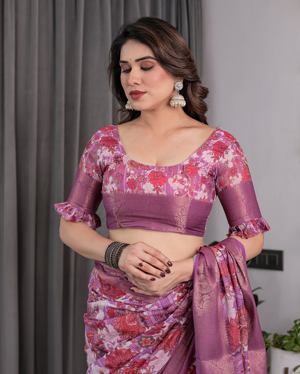 Lavender pink handloom linen saree with kalamkari peacock pallu