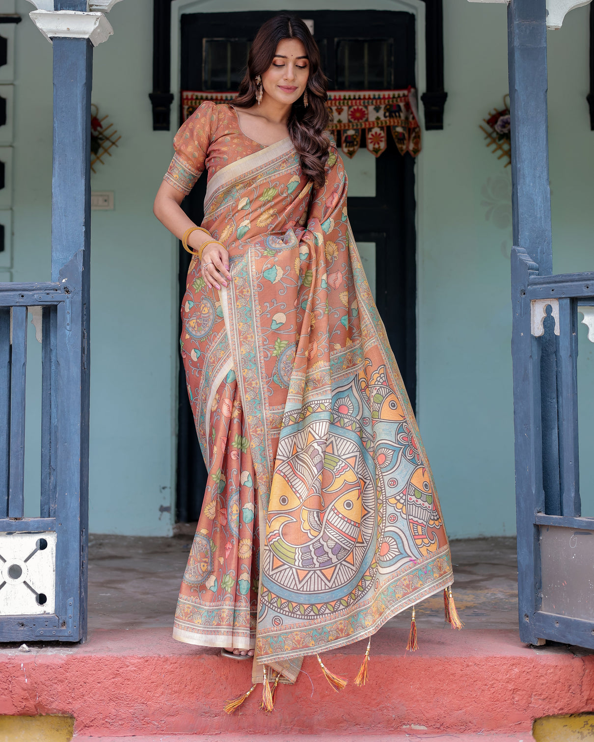 Terracotta handloom cotton saree with blooming floral print madhubani fish pallu
