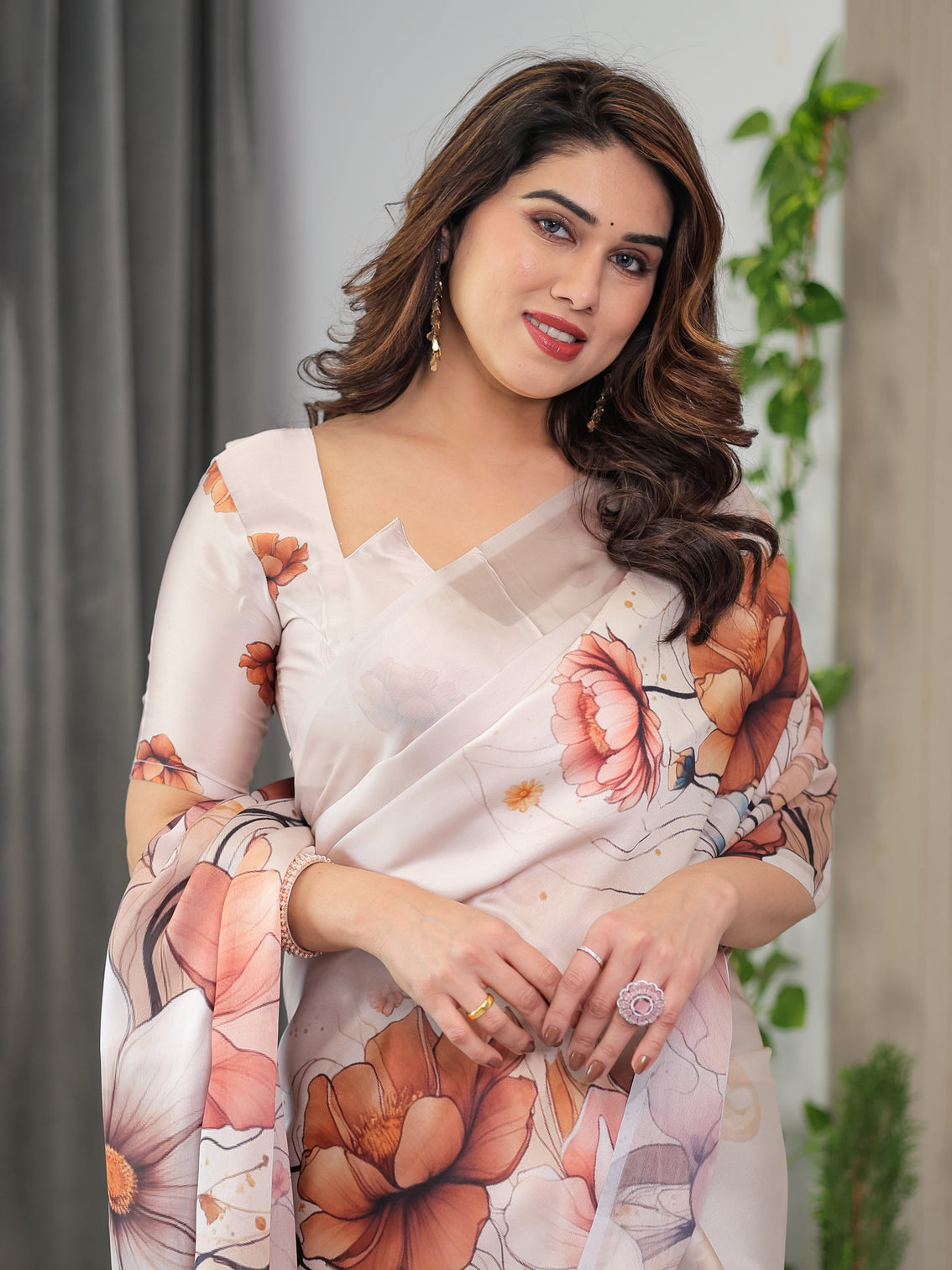 Ivory beige satin georgette abstract floral printed saree with attached blouse elegant designer saree for festive sophisticated wear