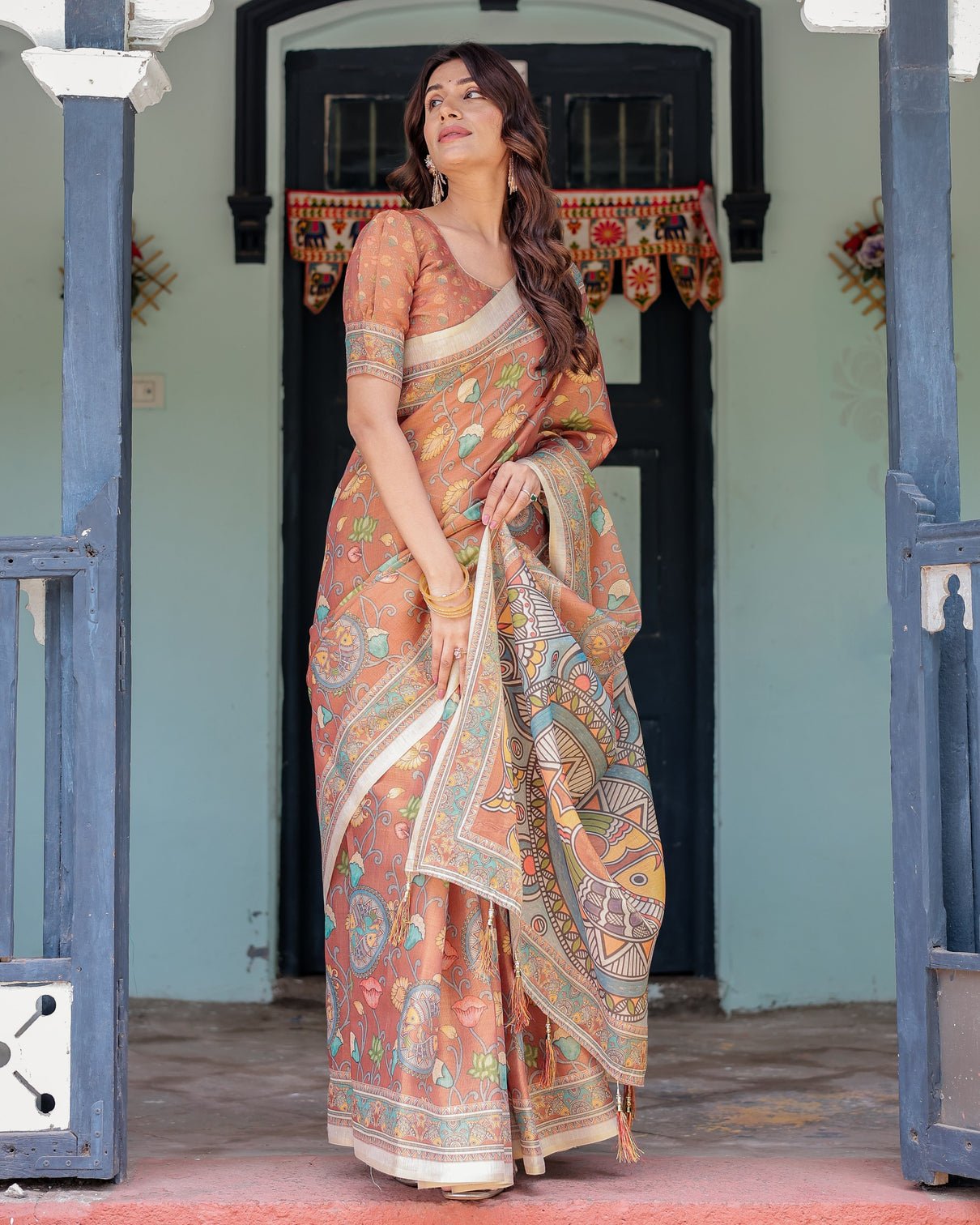 Terracotta handloom cotton saree with blooming floral print madhubani fish pallu