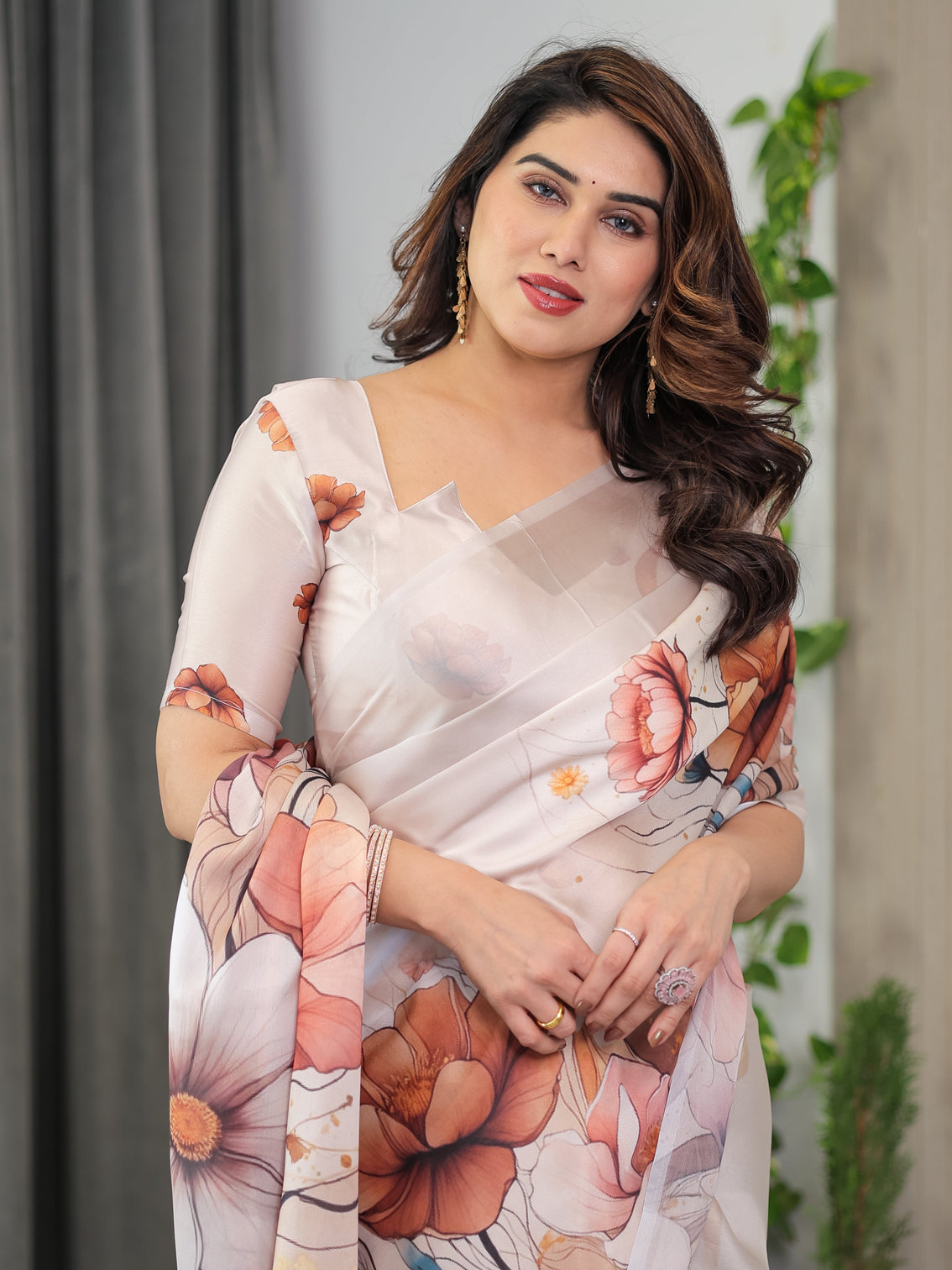 Ivory beige satin georgette abstract floral printed saree with attached blouse elegant designer saree for festive sophisticated wear