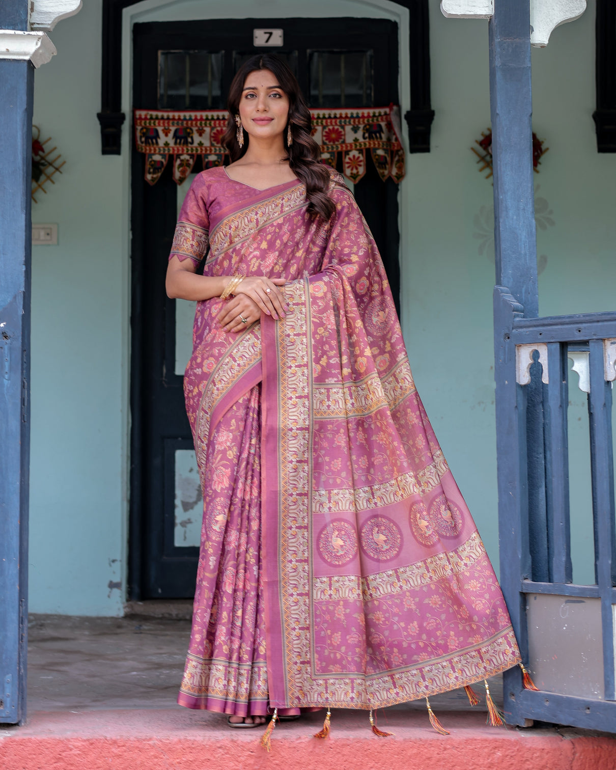 Plum rose handloom cotton saree with floral buttas traditional peacock medallion pallu mameraa