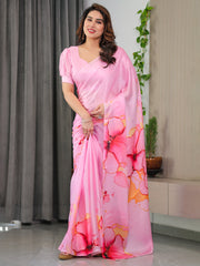 Blush pink satin georgette abstract floral printed saree with attached blouse soft pastel designer saree for festive elegant wear mameraa