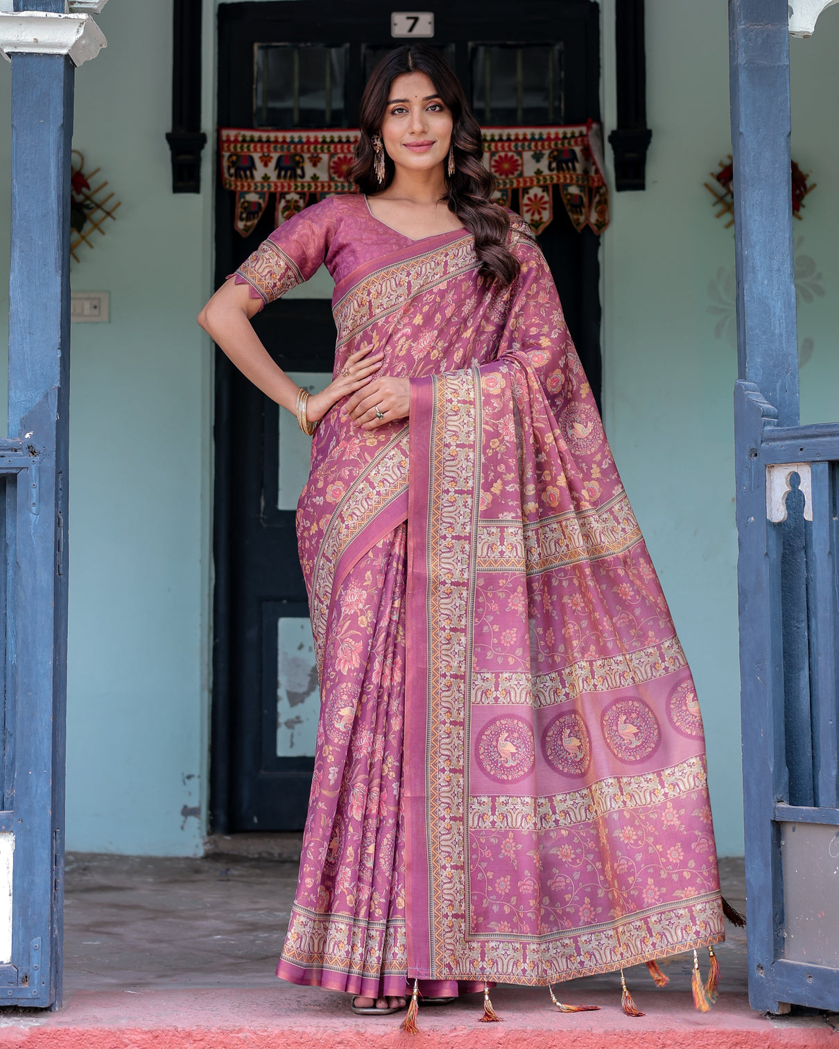 Plum rose handloom cotton saree with floral buttas traditional peacock medallion pallu