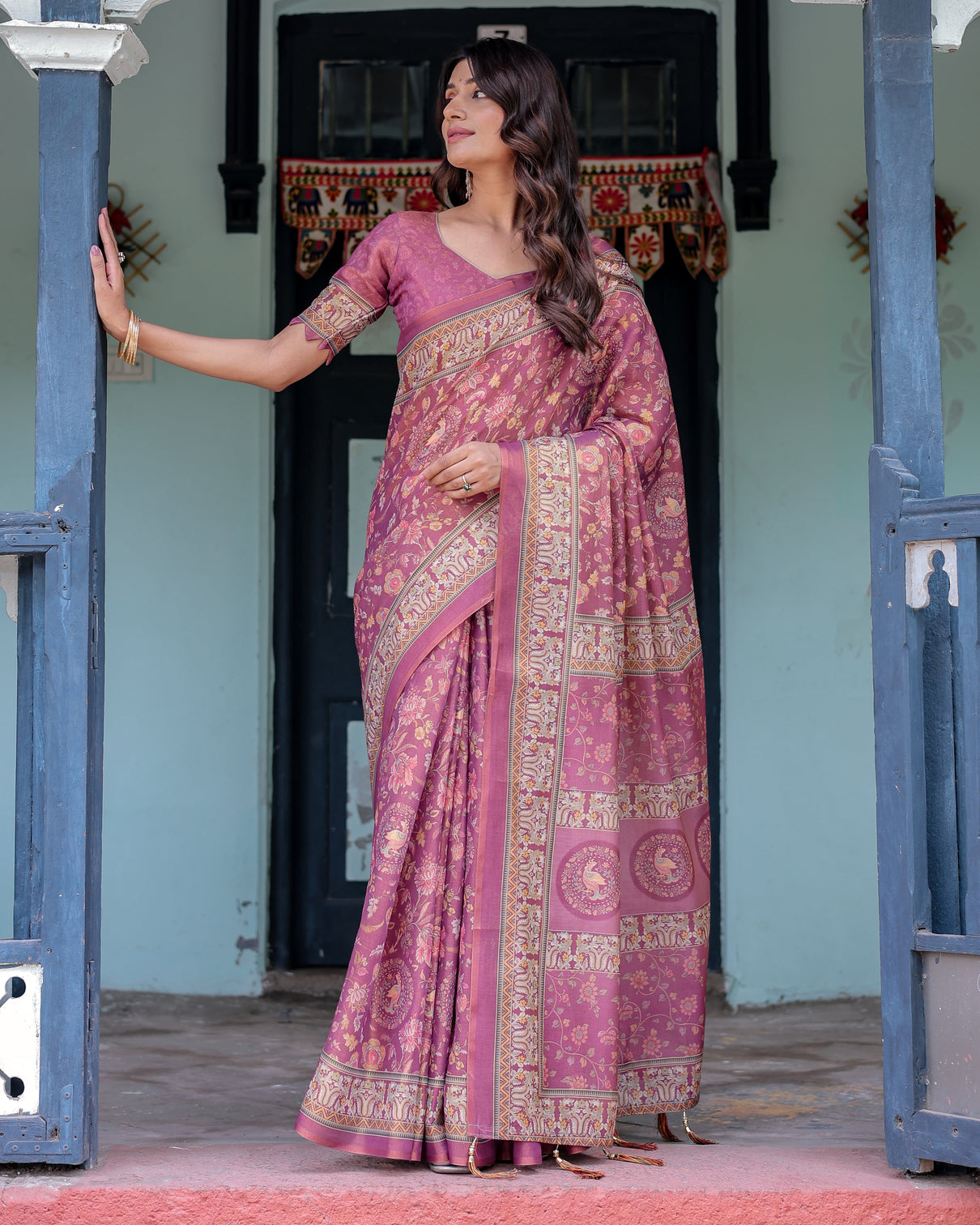 Plum rose handloom cotton saree with floral buttas traditional peacock medallion pallu