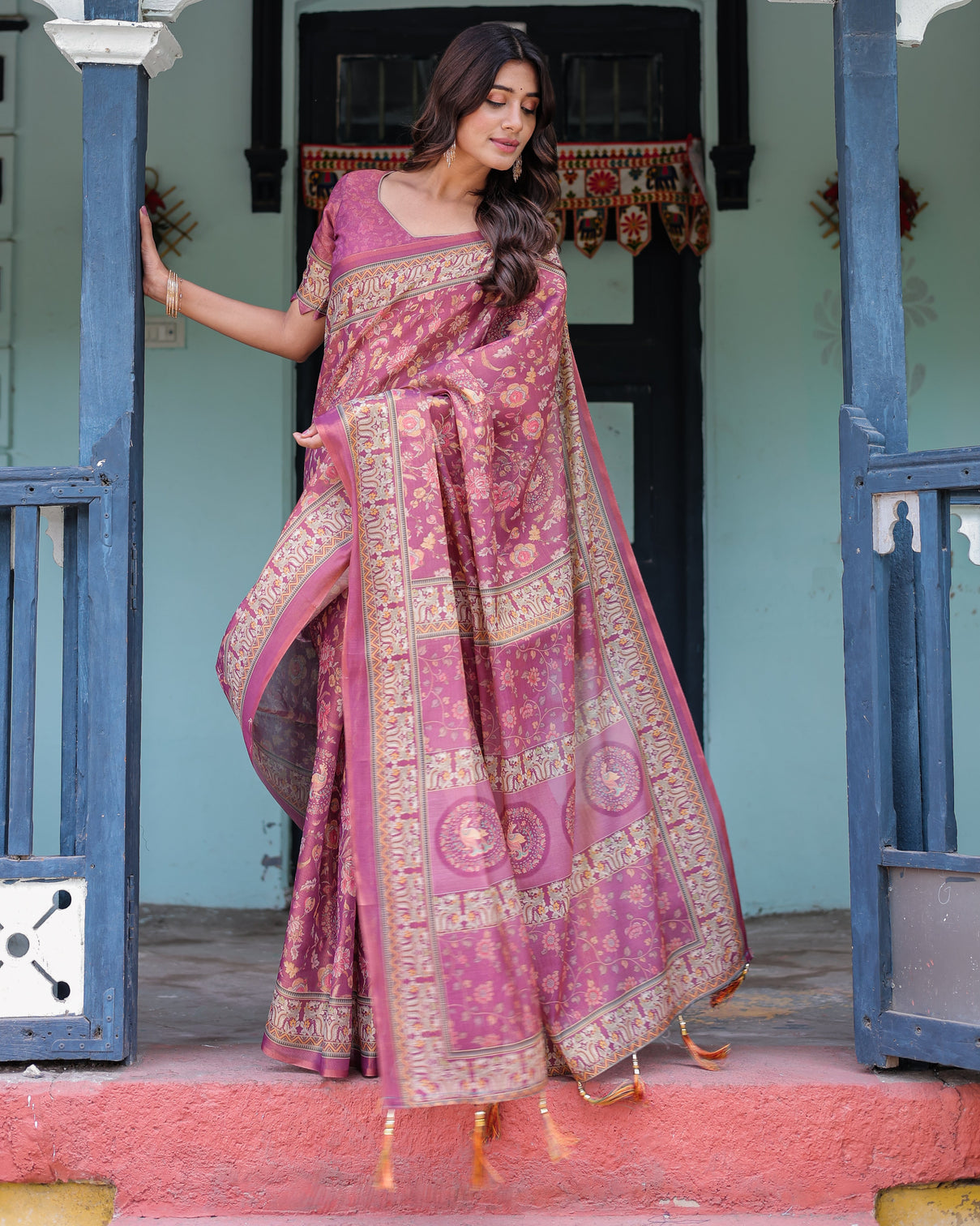 Plum rose handloom cotton saree with floral buttas traditional peacock medallion pallu