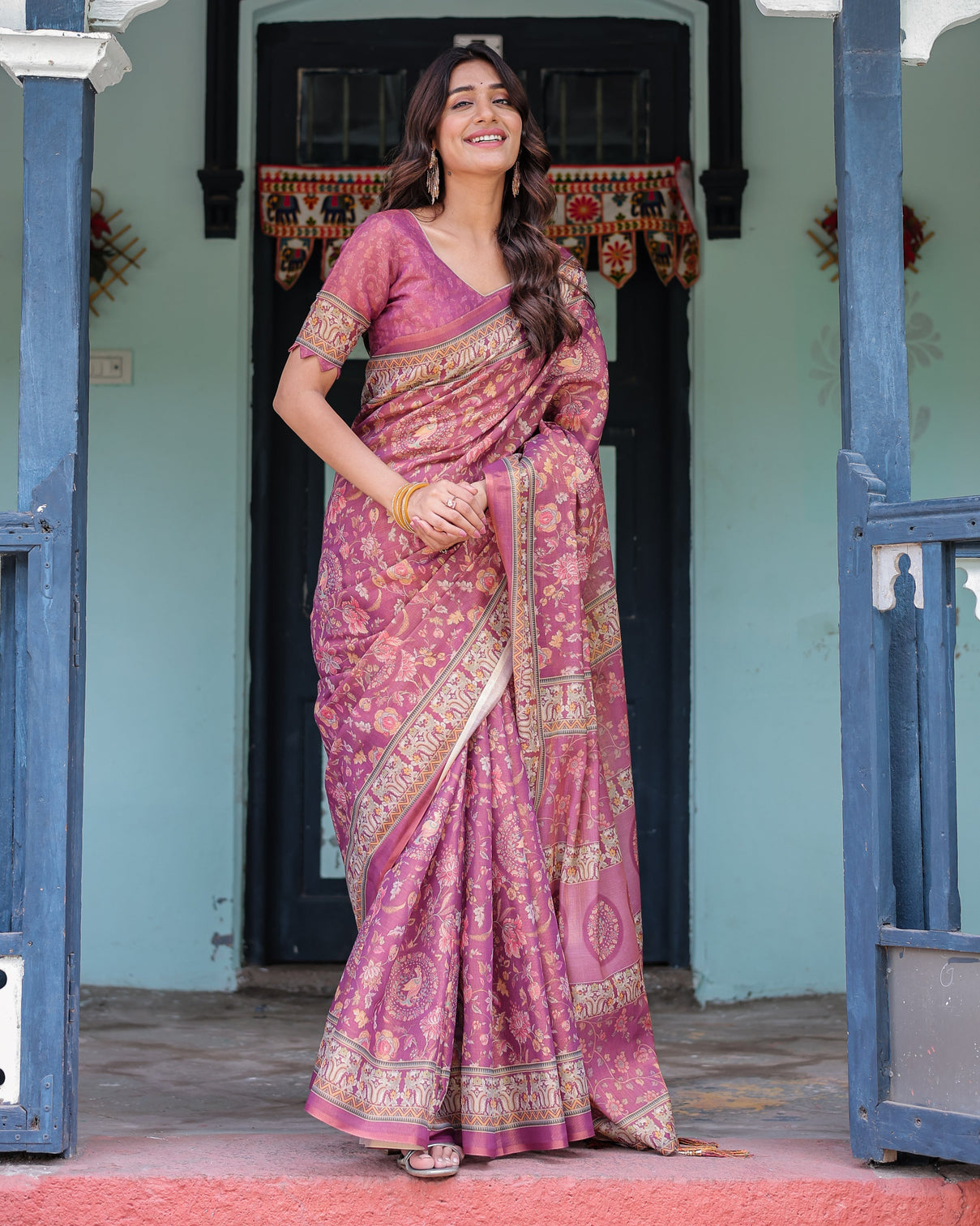 Plum rose handloom cotton saree with floral buttas traditional peacock medallion pallu