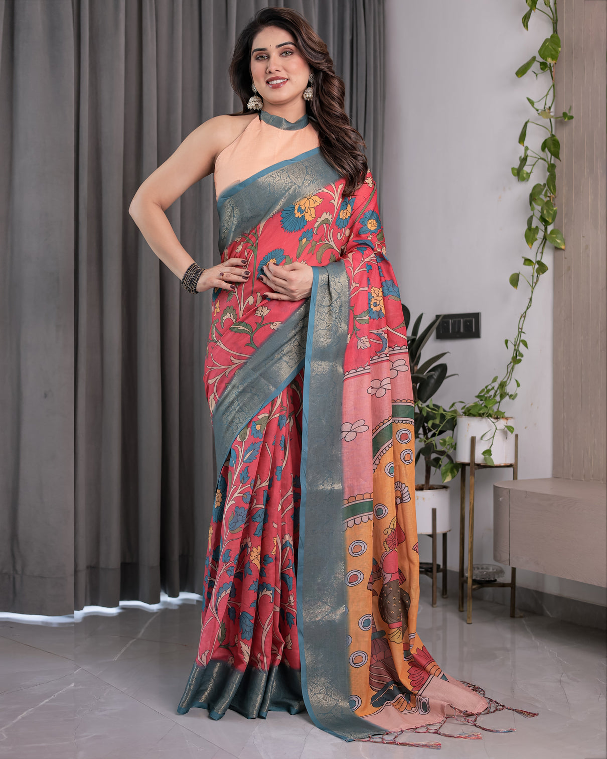 Multicolor handloom cotton saree with rajasthani folk dance digital print contrast zari border artistic cultural drape 5 5m saree 0 8m blouse