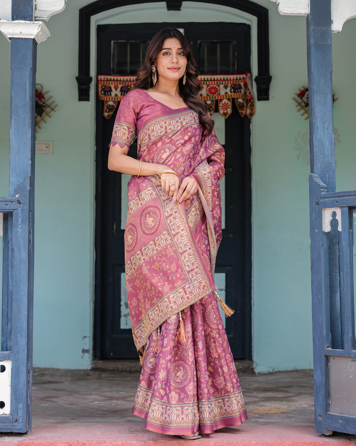 Plum rose handloom cotton saree with floral buttas traditional peacock medallion pallu
