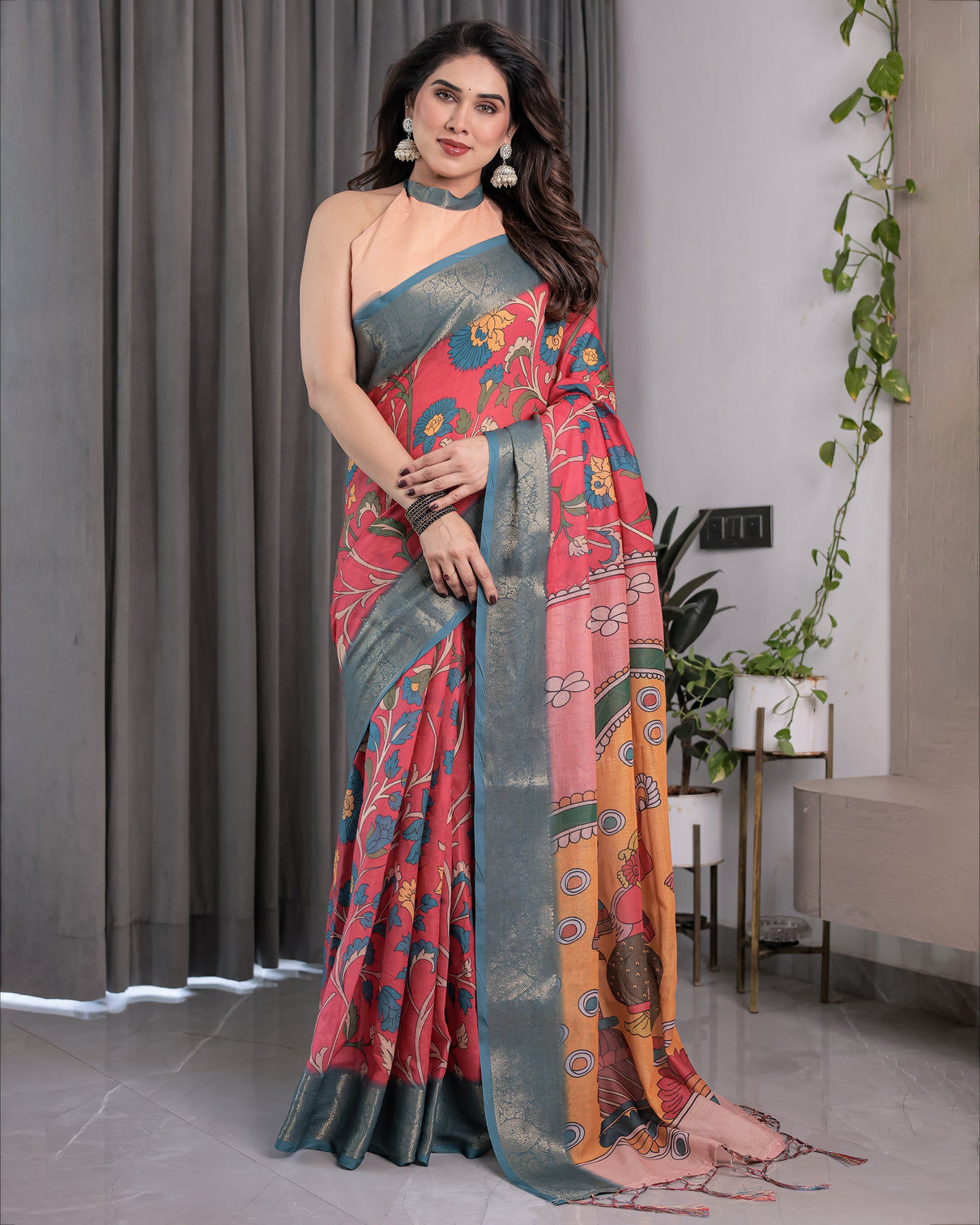 Multicolor handloom cotton saree with rajasthani folk dance digital print contrast zari border artistic cultural drape 5 5m saree 0 8m blouse