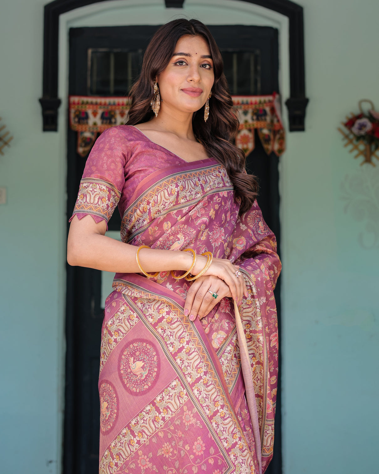 Plum rose handloom cotton saree with floral buttas traditional peacock medallion pallu