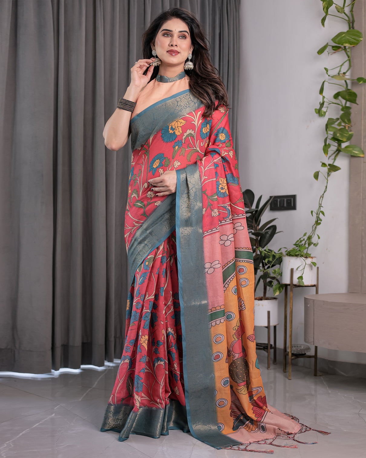 Multicolor handloom cotton saree with rajasthani folk dance digital print contrast zari border artistic cultural drape 5 5m saree 0 8m blouse