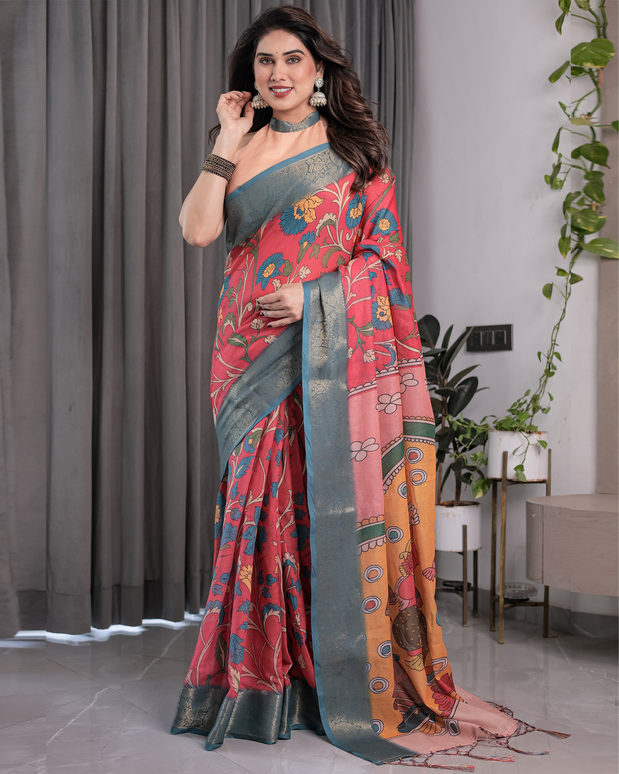 Multicolor handloom cotton saree with rajasthani folk dance digital print contrast zari border artistic cultural drape 5 5m saree 0 8m blouse
