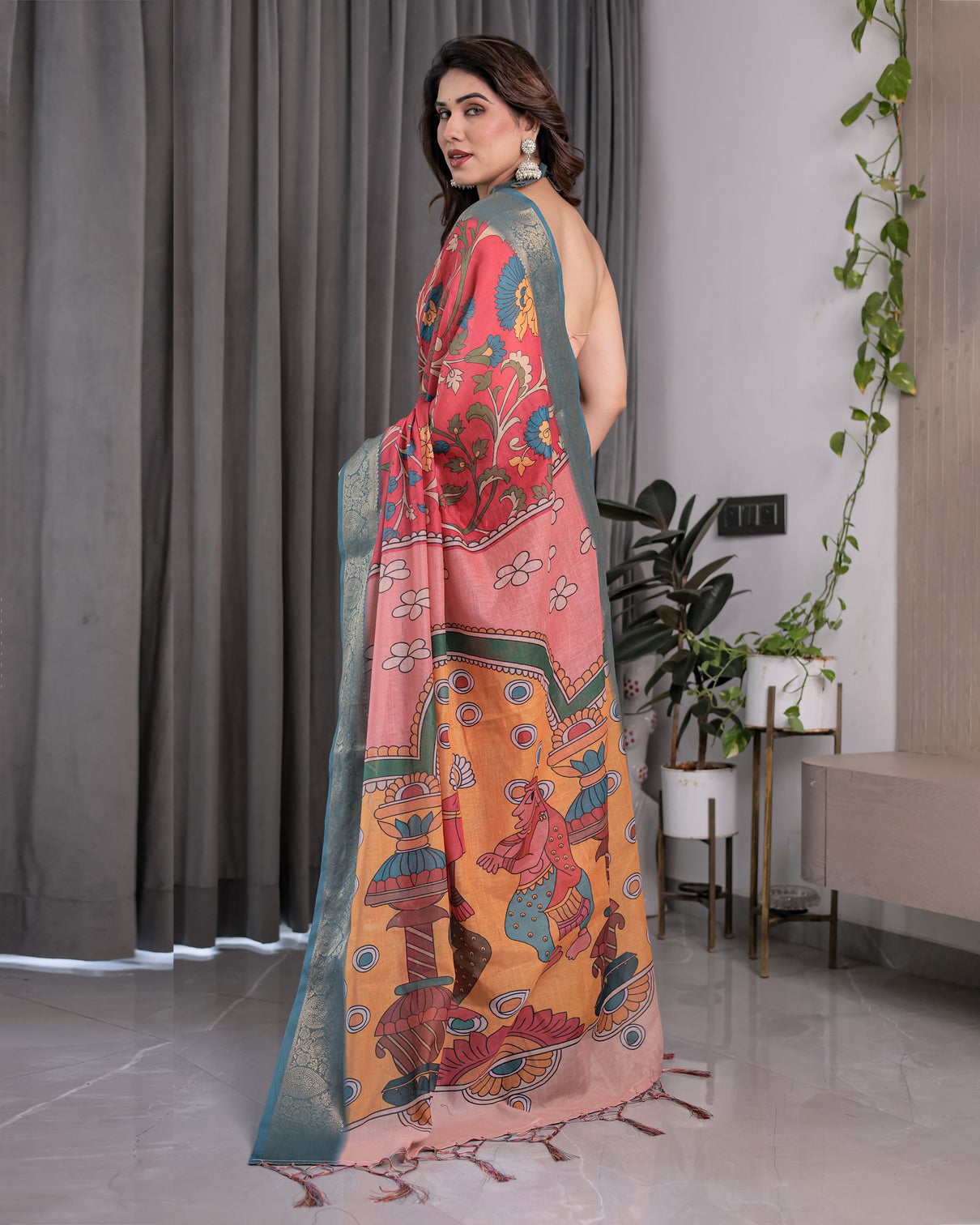 Multicolor handloom cotton saree with rajasthani folk dance digital print contrast zari border artistic cultural drape 5 5m saree 0 8m blouse