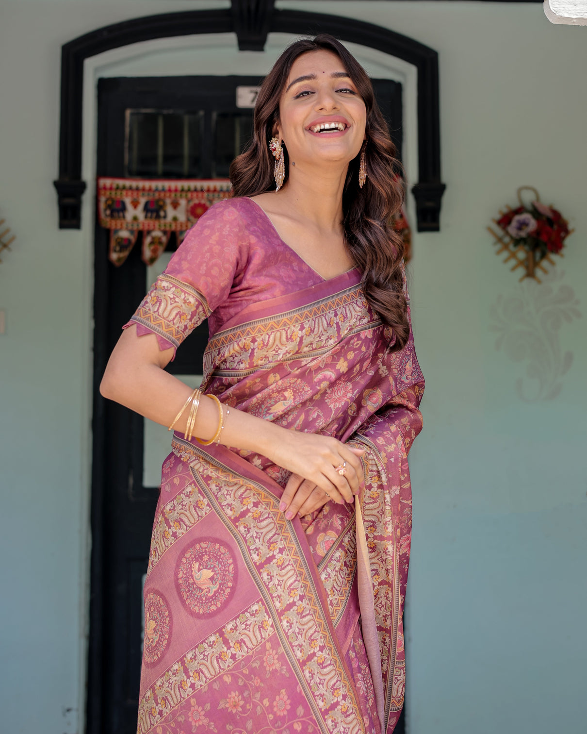 Plum rose handloom cotton saree with floral buttas traditional peacock medallion pallu