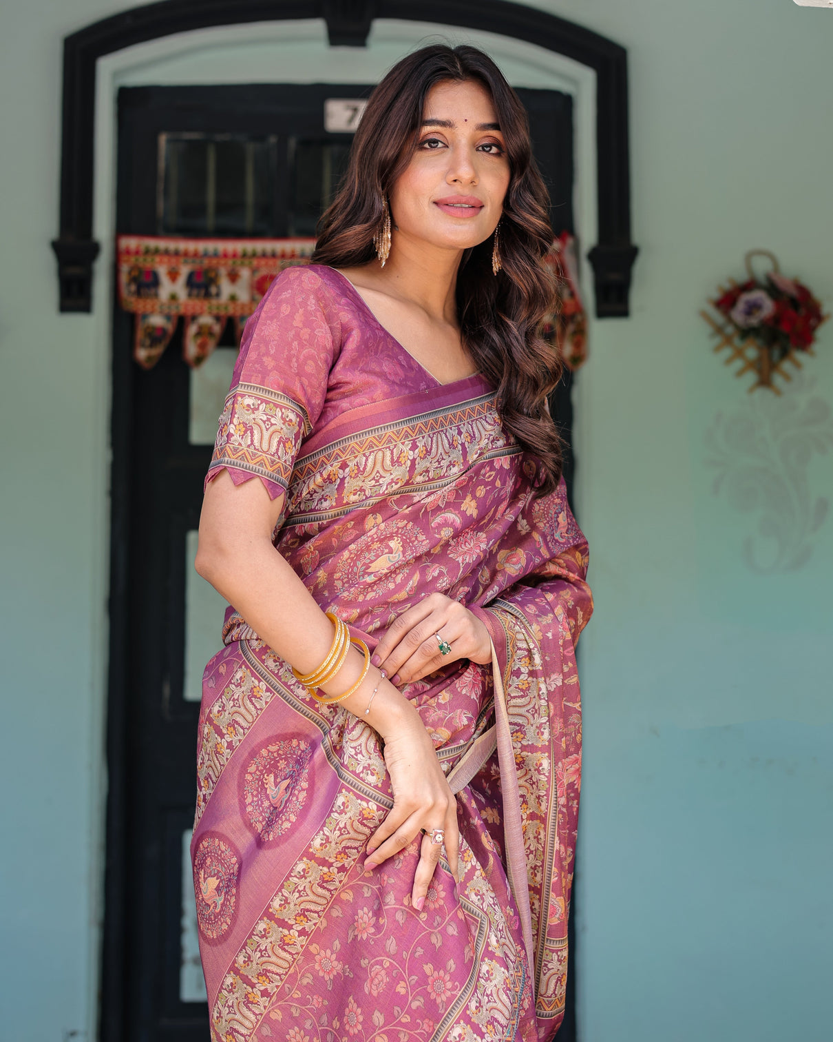 Plum rose handloom cotton saree with floral buttas traditional peacock medallion pallu