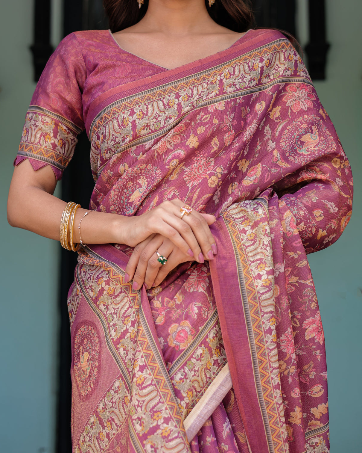 Plum rose handloom cotton saree with floral buttas traditional peacock medallion pallu