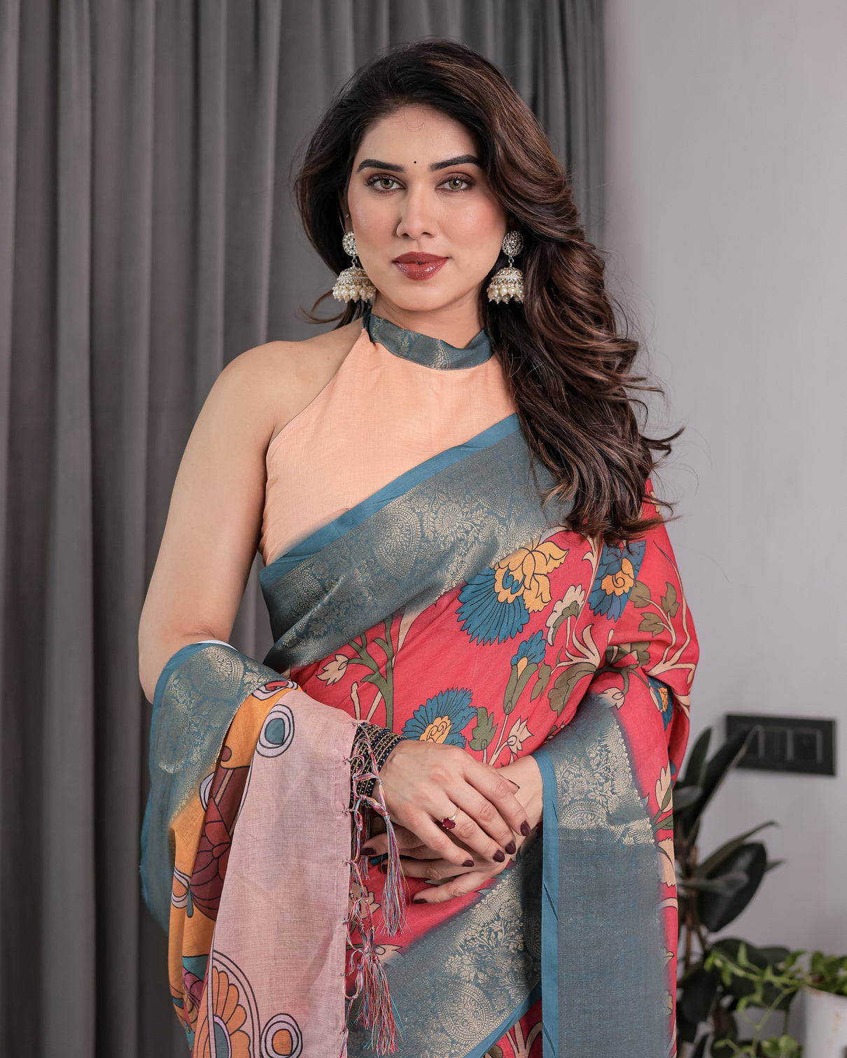 Multicolor handloom cotton saree with rajasthani folk dance digital print contrast zari border artistic cultural drape 5 5m saree 0 8m blouse