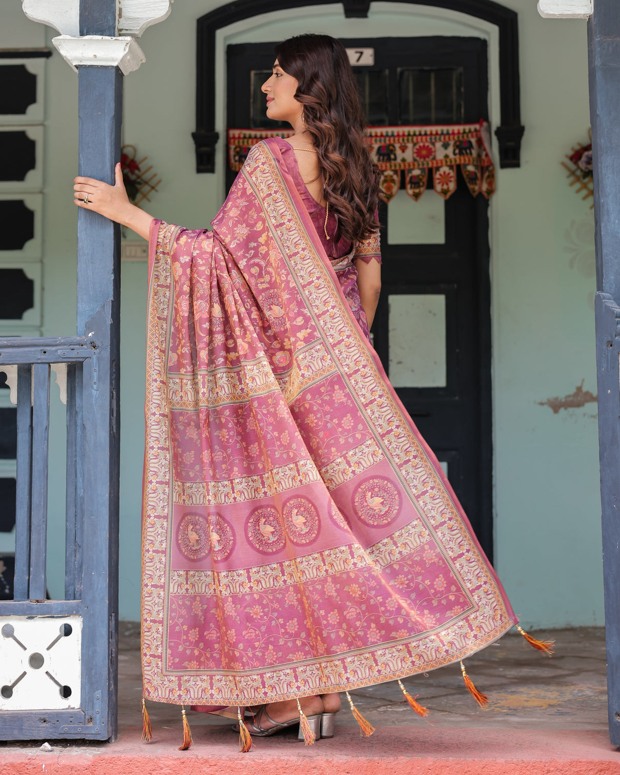 Plum rose handloom cotton saree with floral buttas traditional peacock medallion pallu