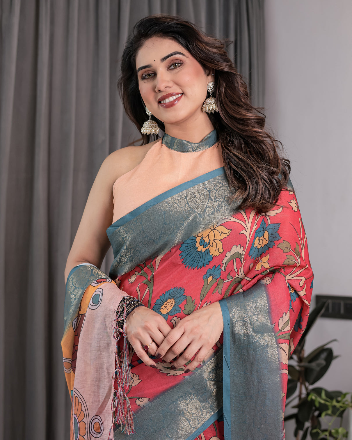Multicolor handloom cotton saree with rajasthani folk dance digital print contrast zari border artistic cultural drape 5 5m saree 0 8m blouse
