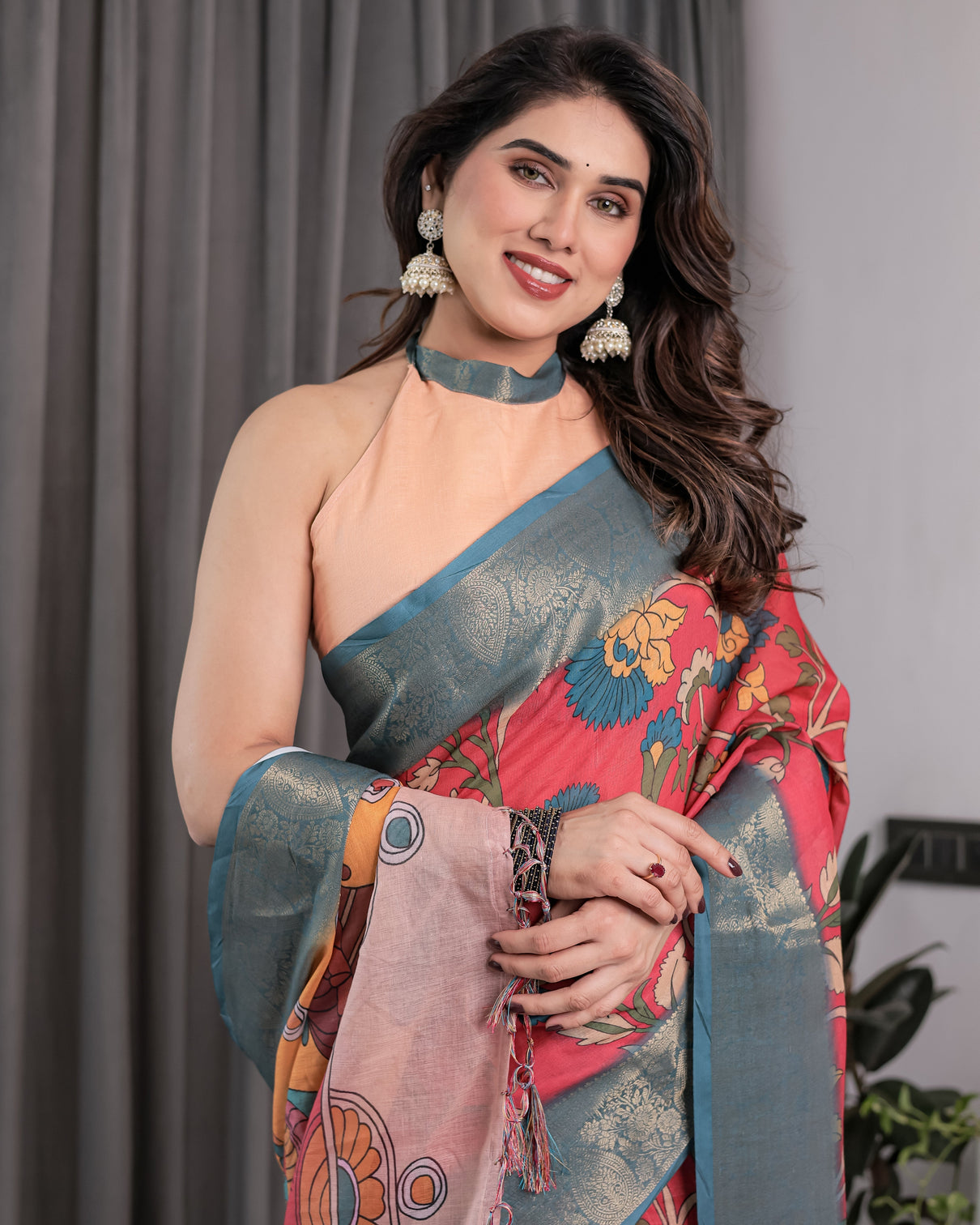 Multicolor handloom cotton saree with rajasthani folk dance digital print contrast zari border artistic cultural drape 5 5m saree 0 8m blouse