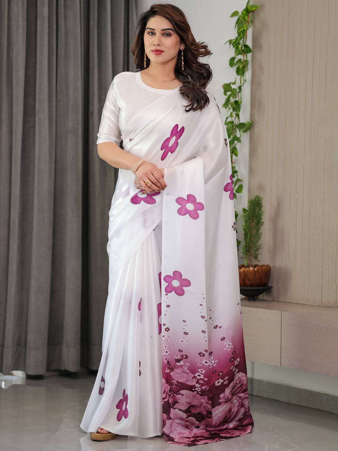 Pearl white satin georgette ombre floral printed saree with attached blouse elegant rose print designer saree for festive party wear mameraa