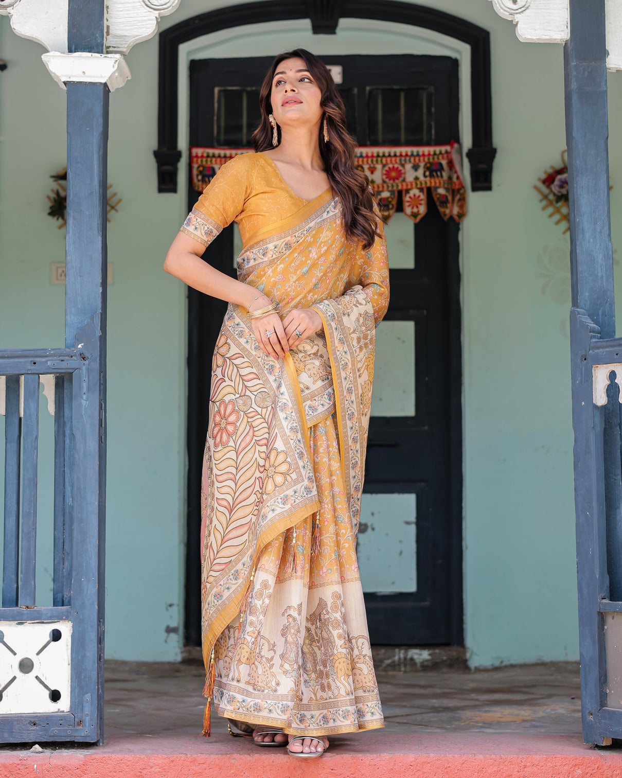 Golden mustard handloom cotton saree with floral vines graceful deer pallu