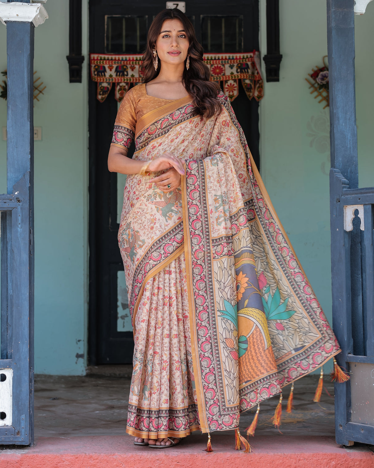 Beige maroon handloom cotton saree with floral vine print mythical madhubani cow pallu