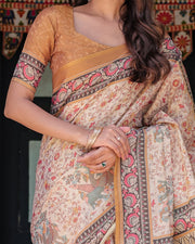 Beige maroon handloom cotton saree with floral vine print mythical madhubani cow pallu
