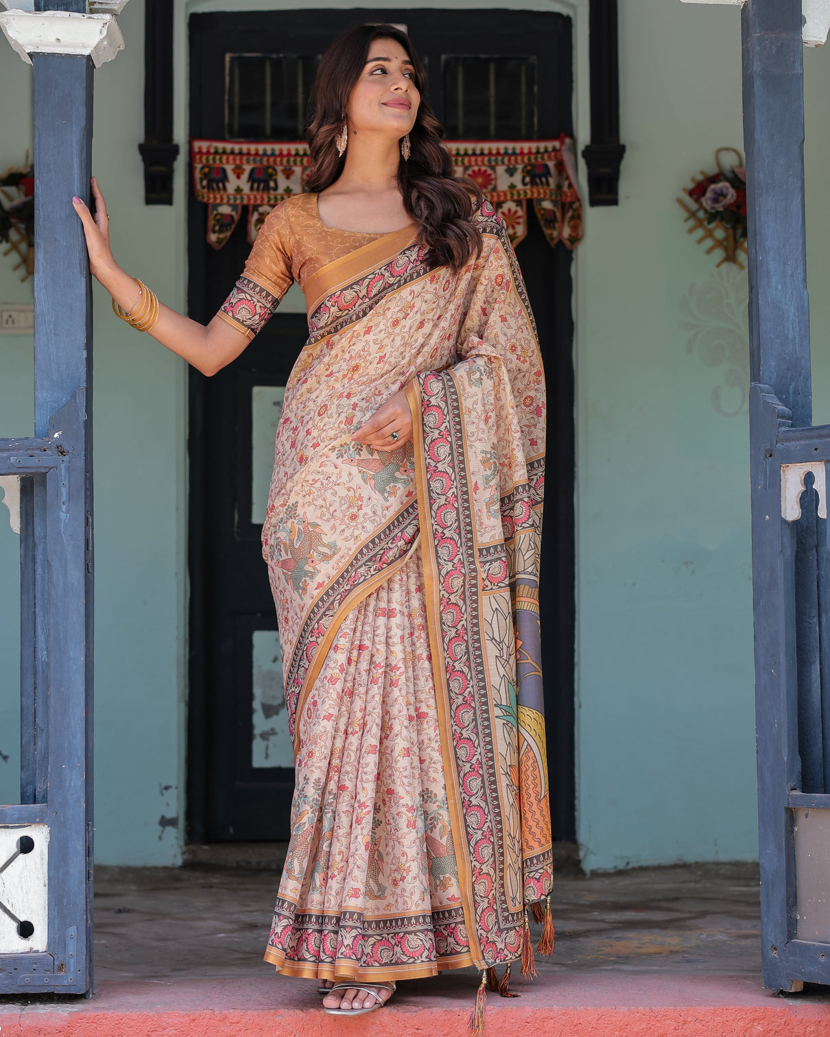 Beige maroon handloom cotton saree with floral vine print mythical madhubani cow pallu