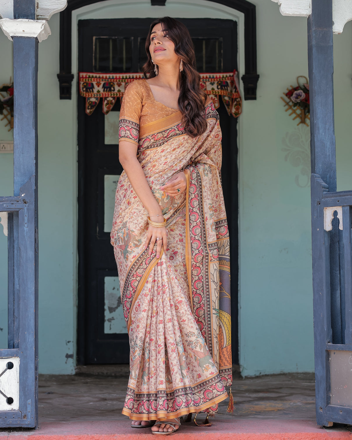 Beige maroon handloom cotton saree with floral vine print mythical madhubani cow pallu
