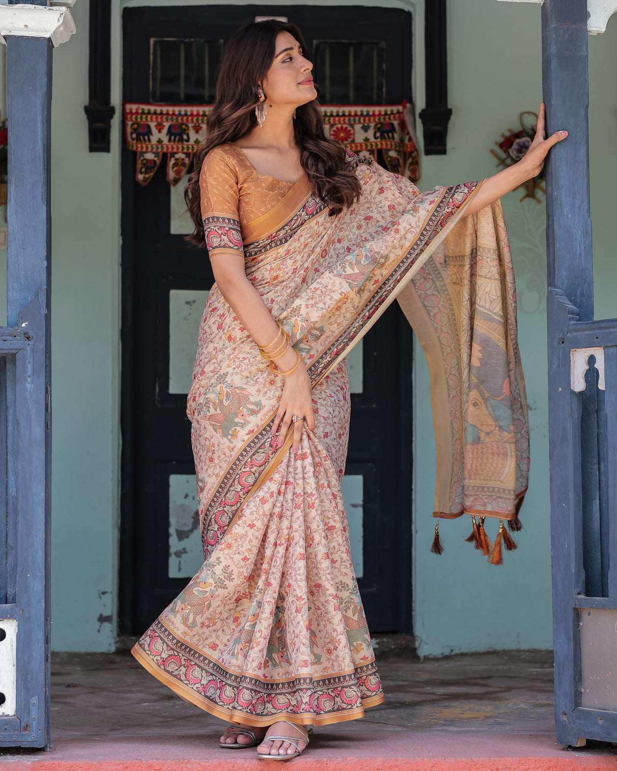 Beige maroon handloom cotton saree with floral vine print mythical madhubani cow pallu